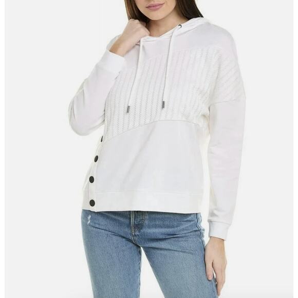 Cabi white pullover hoodie jacket eyelet knitted w/ button accent size small - Picture 1 of 5
